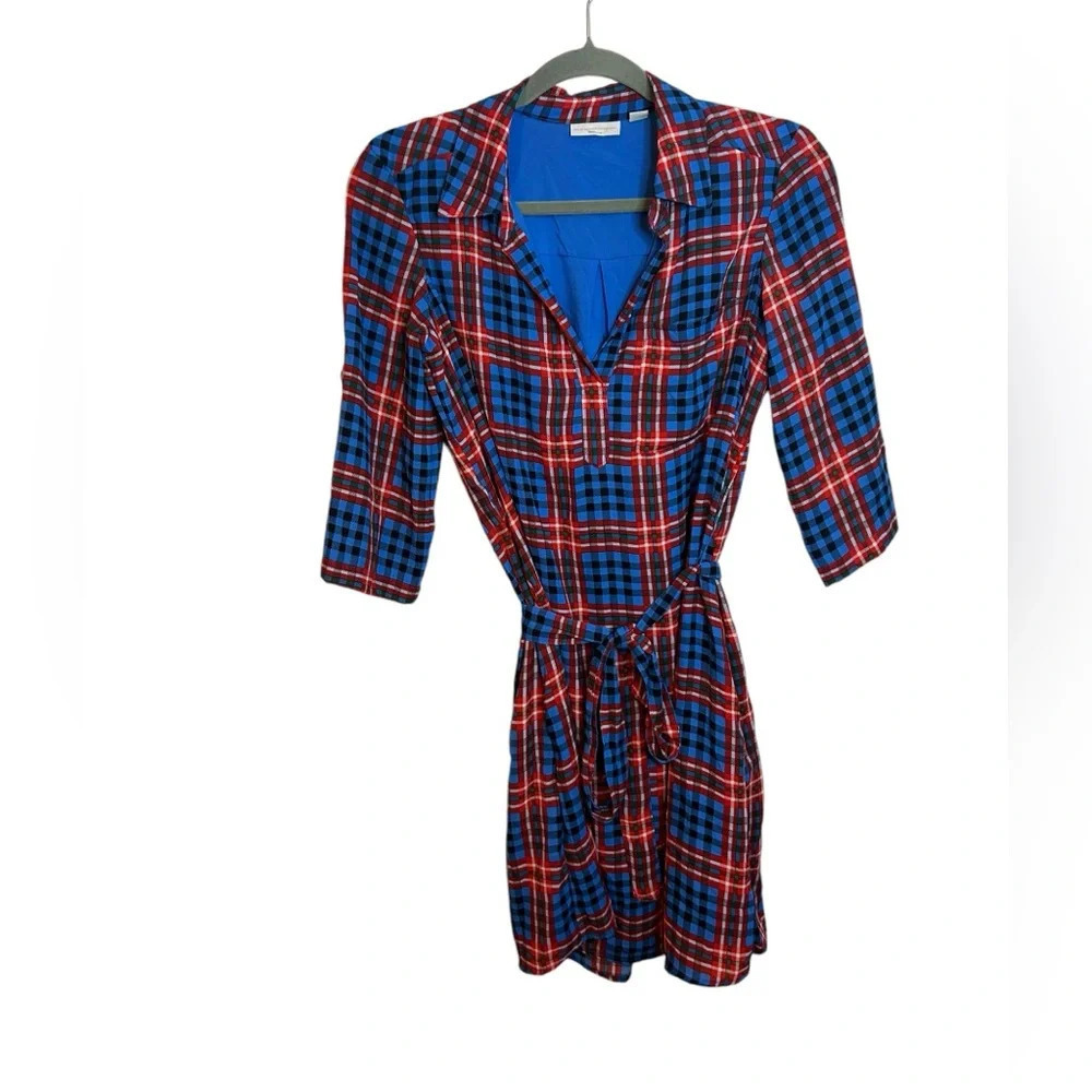 New York & Company Colorful Plaid Belted 3/4 Sleeve Dress